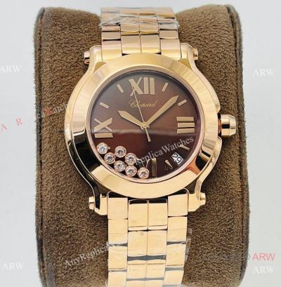 YF Factory Copy Chopard Happy Sport Quartz Rose Gold Brown Dial Watch 7 Floating Diamond